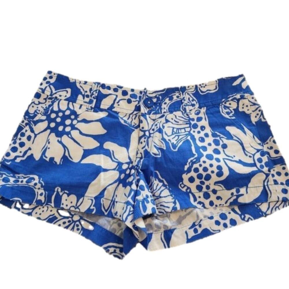 Lilly‎ Pulitzer Walsh Shorts Blue White Floral Giraffe Print Cotton Size 0
